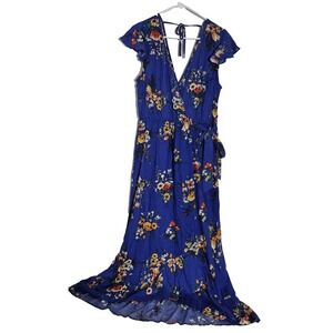 B.O.G Collective Dress Womens Large Blue Floral Wrap Maxi Ruffle Hem Belted Boho